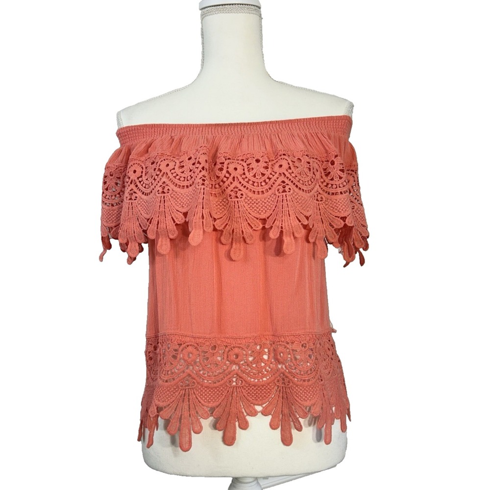 Love University Coral Off-Shoulder Lace Trim Top Romantic Fairy Women Sz L